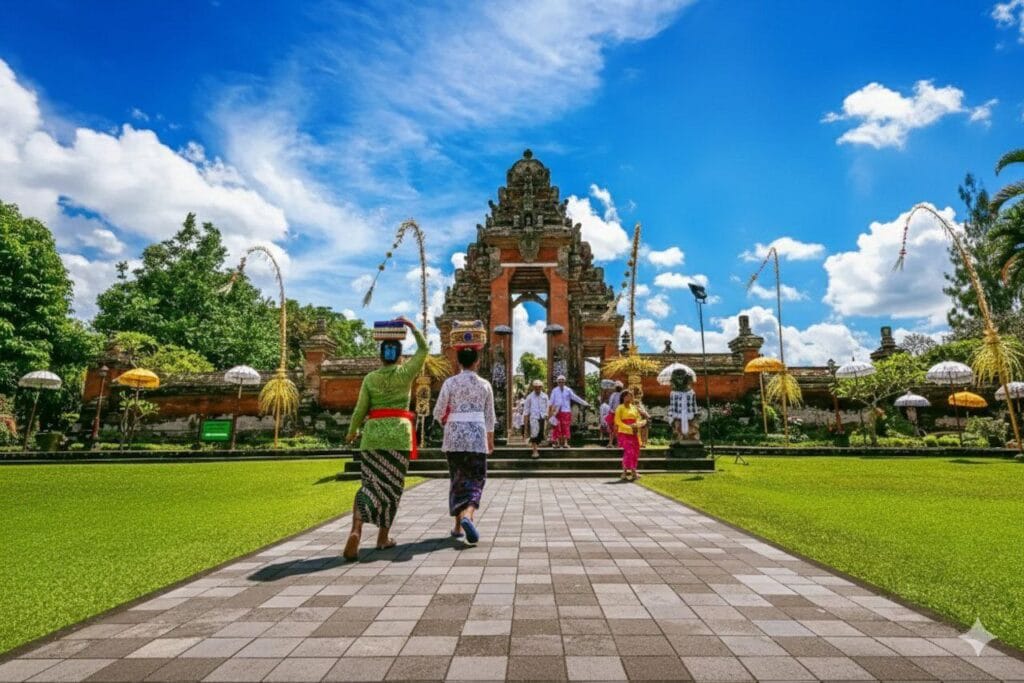 Beautiful garden and meru shrines at Taman Ayun Temple