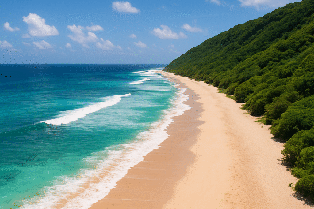 Cinematic view of hidden beach in Bali with cliffs and turquoise waves.jpg