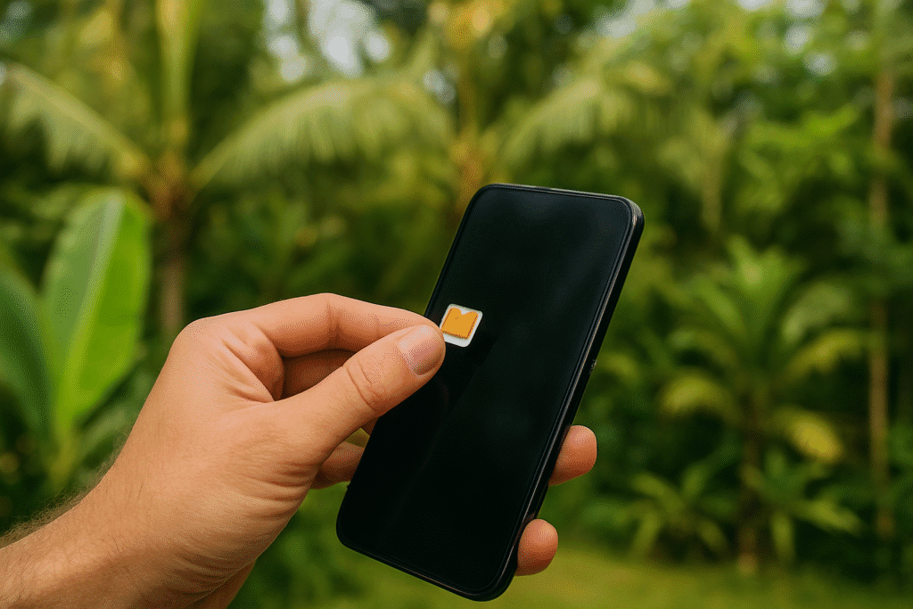 Close-up of inserting a local SIM card into a smartphone with tropical plants in the background for Bali SIM guide.
