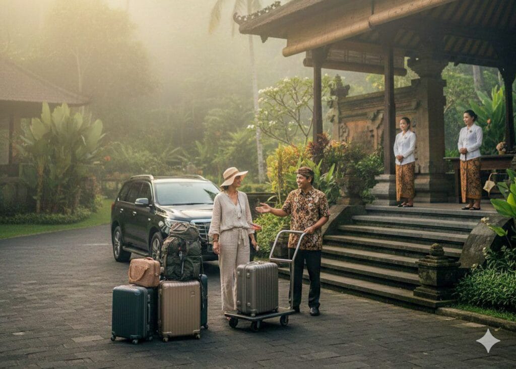 Traveler arriving at resort assisted by Bali Driver Seminyak to Ubud service.