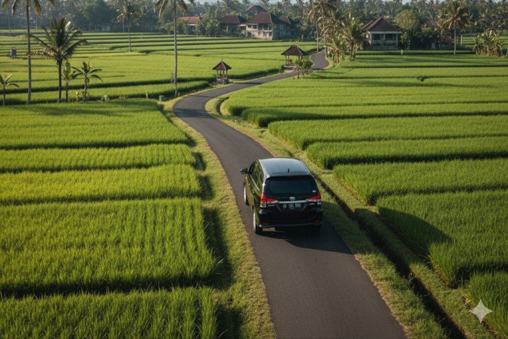 Car on scenic route during Bali Driver Seminyak to Ubud journey through rice fields.