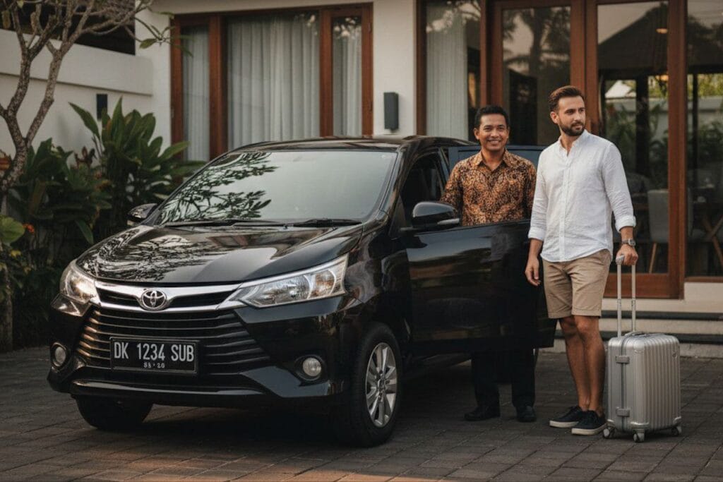 Professional Bali driver Seminyak to Ubud assisting traveler in front of a villa.