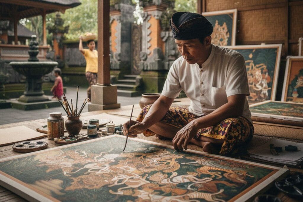 traditional balinese painting ubud artist creating detailed artwork