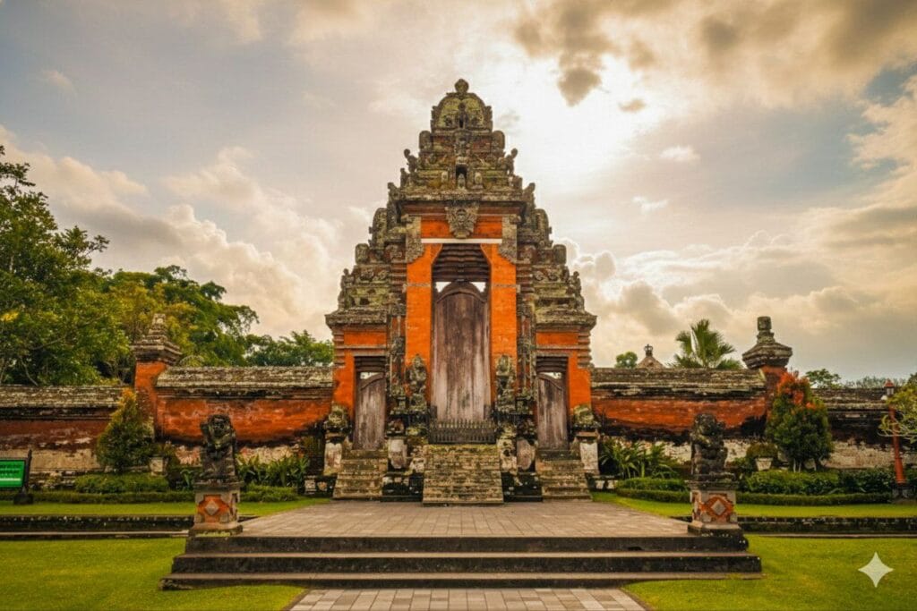 Taman Ayun Temple reviews featuring the main gate and traditional Balinese architecture