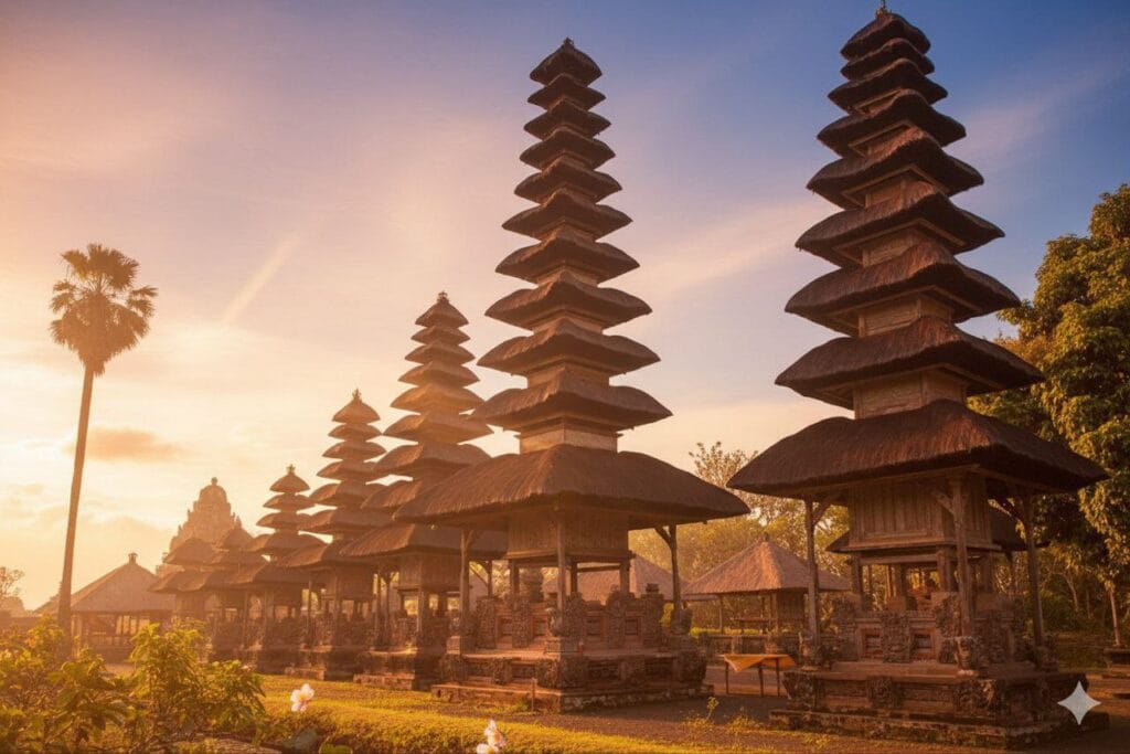 Taman Ayun Temple reviews showing multi-tiered meru towers and lotus pond in Mengwi Bali