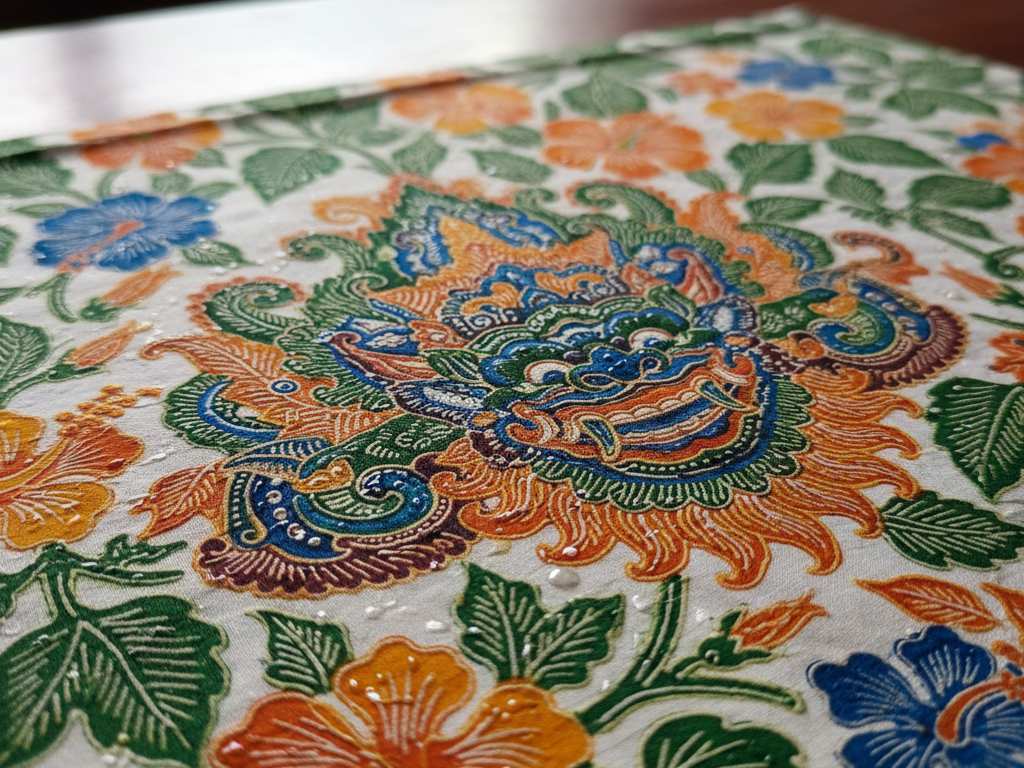 colorful balinese batik art fabric with hindu and floral motifs