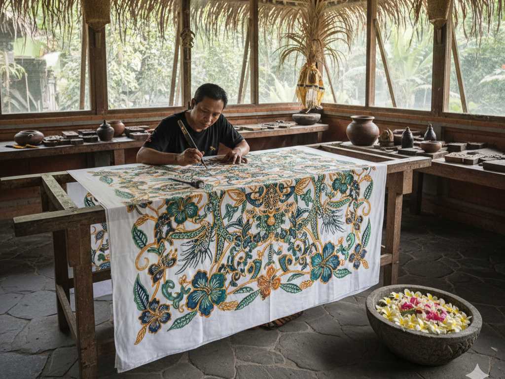artisan creating balinese batik art using canting tool in ubud bali