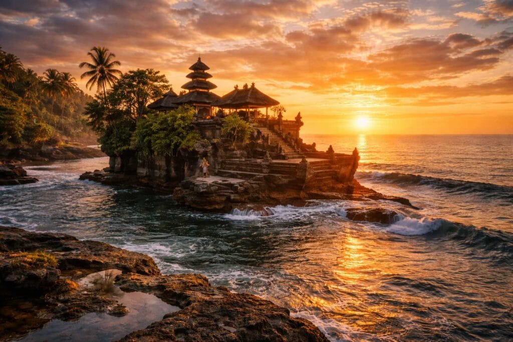 Tanah Lot Temple Bali sunset with ocean reflection, bali driver and tour service travel photography