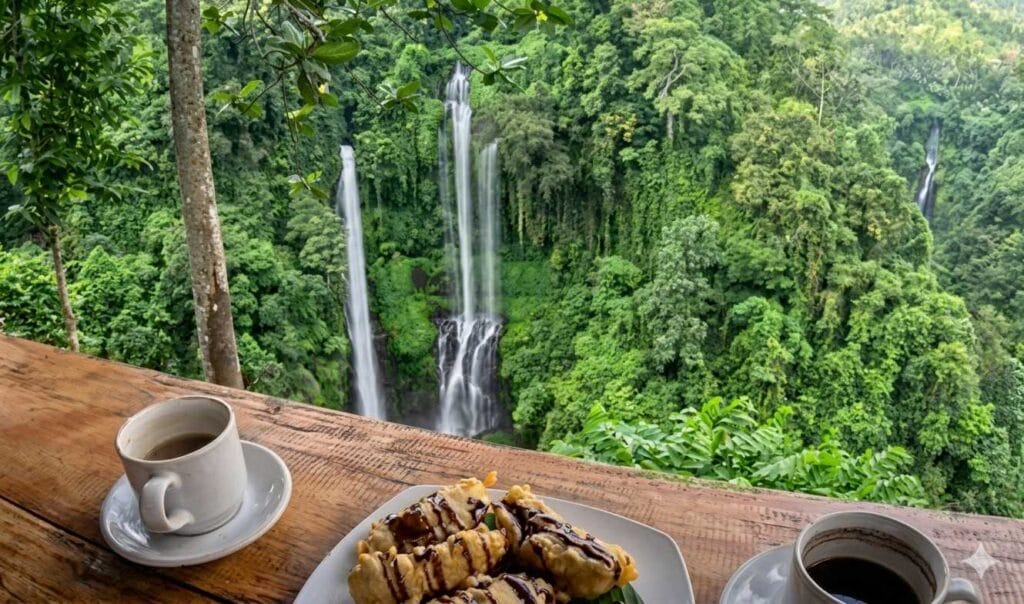 hanging restaurant sekumpul waterfall jungle view bali