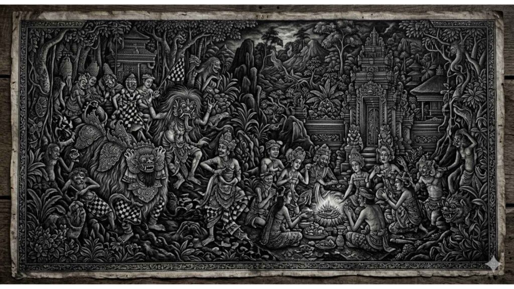 batuan traditional balinese painting dark detailed style bali