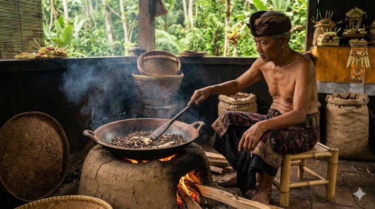 traditional kopi luwak roasting process at coffee plantation bali