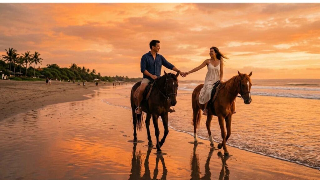 Bali horse riding on beach at sunset for beginners