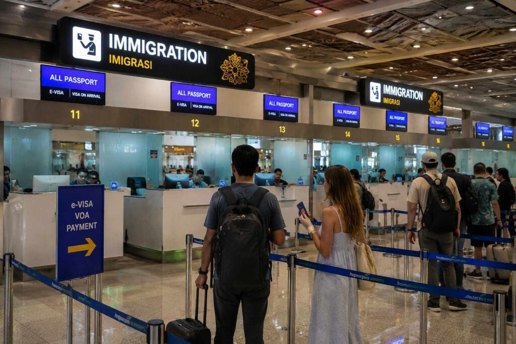Bali visa application workspace with passport, coffee, and travel documents