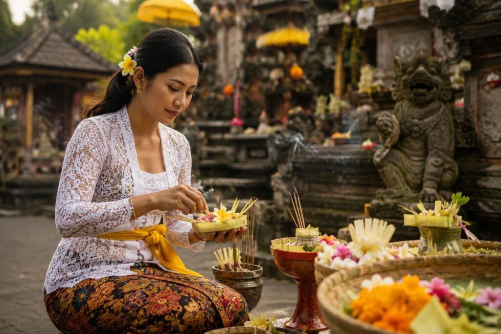 Balinese woman preparing traditional Canang Sari offering in temple courtyard