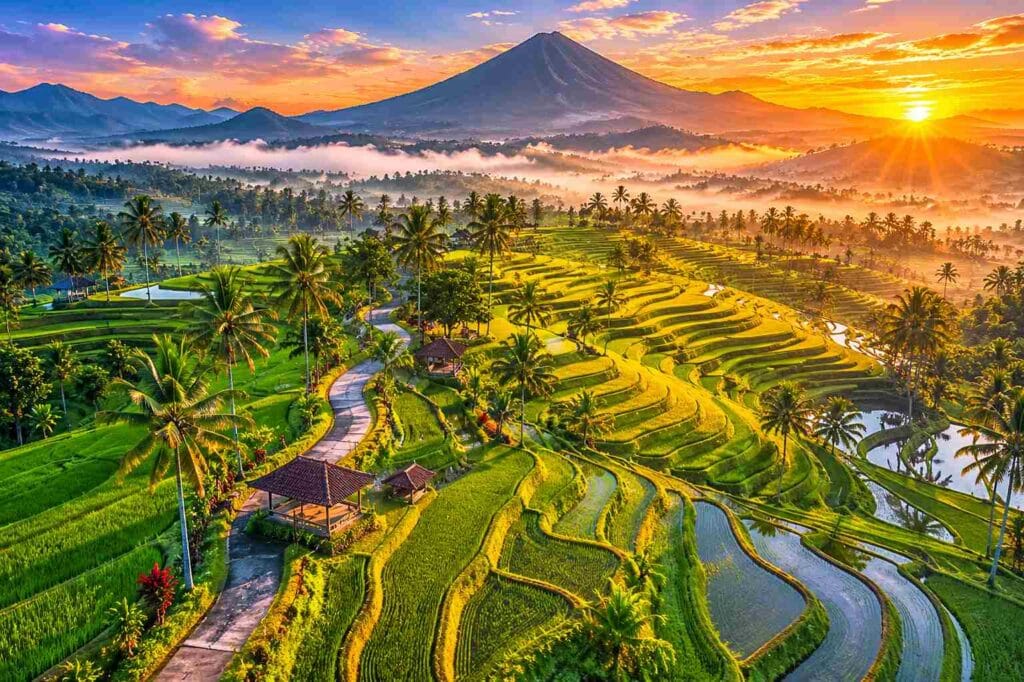 Hidden Bali drone spot with tropical beach cliffs and turquoise ocean at sunset