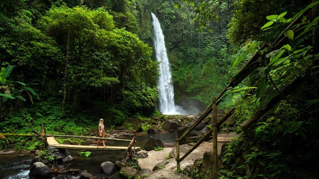 how to get to Nungnung Waterfall travel route showing stairs and tropical landscape in Bali