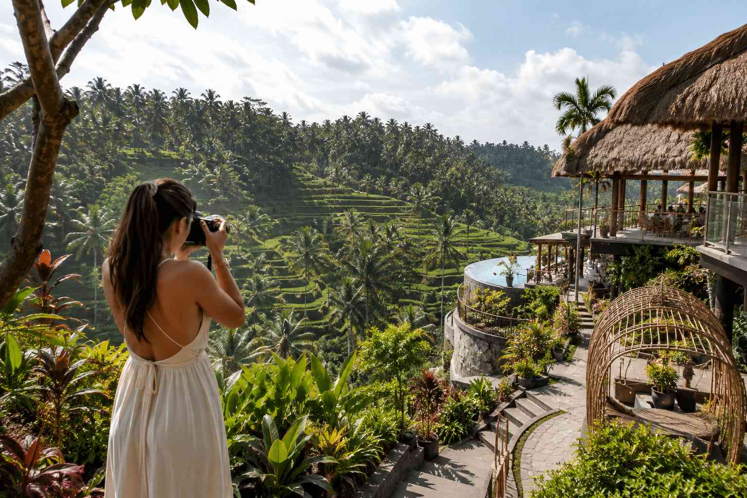 Luxury dining experience at Cretya Alas Harum Bali with infinity pool and rice field scenery