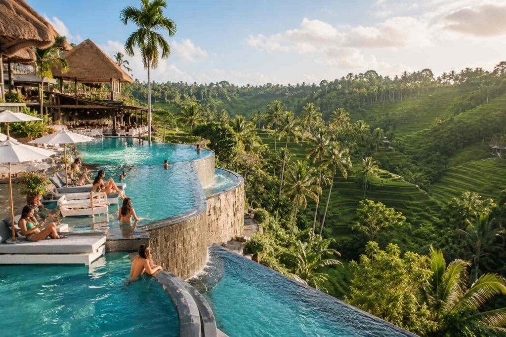 Tourist taking photos at Cretya Alas Harum Bali with panoramic rice terrace views