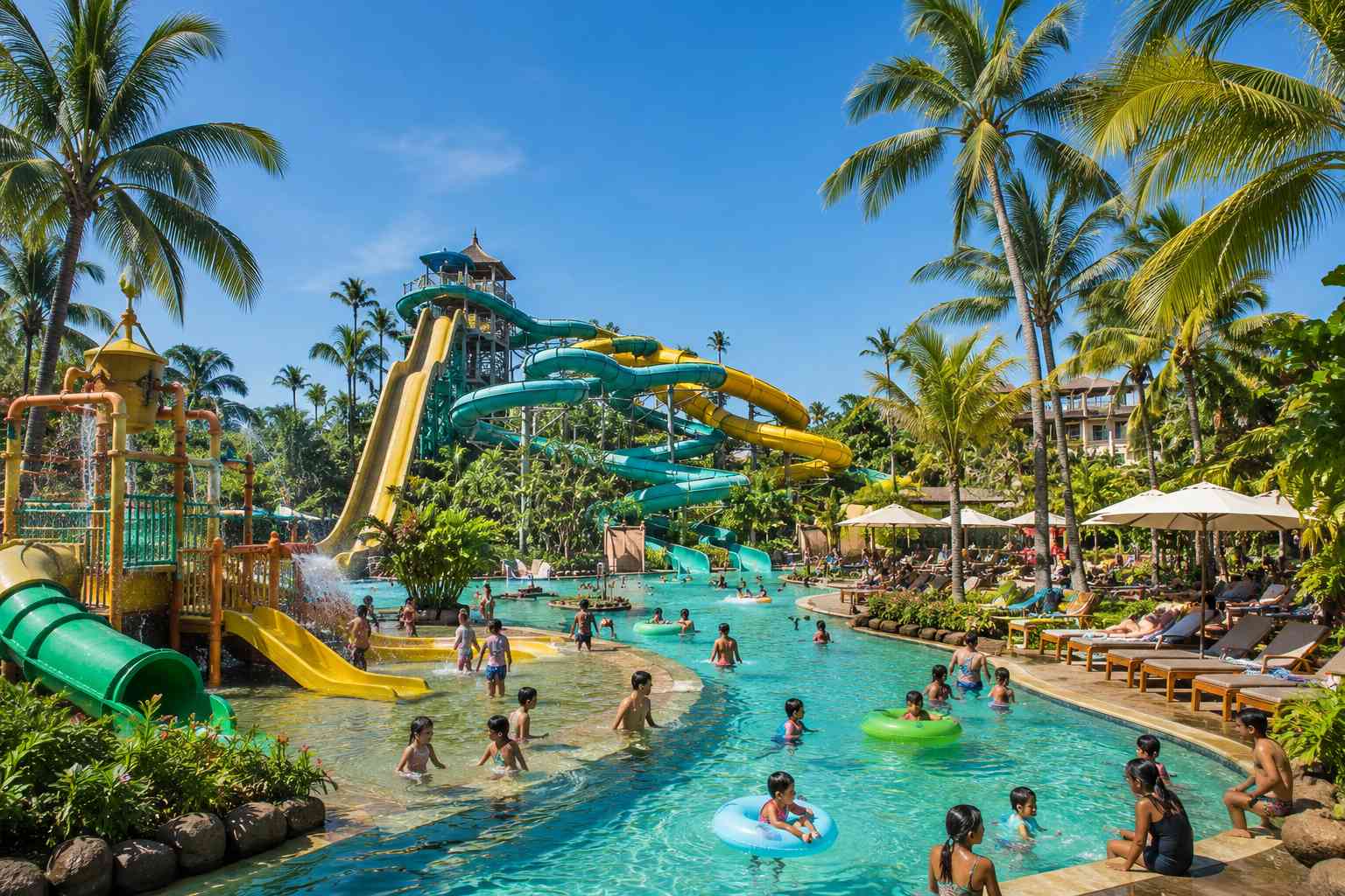 Happy family visiting one of the best waterparks in Bali on a sunny tropical day
