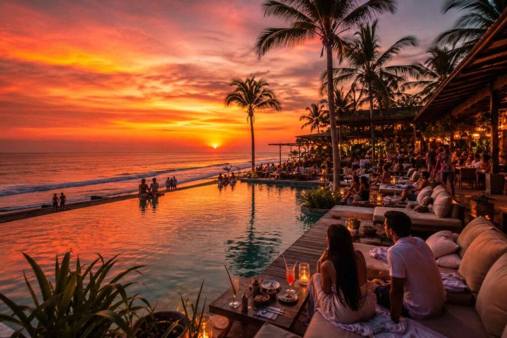 Best Beach Clubs in Canggu at sunset with infinity pool and beachfront dining experience