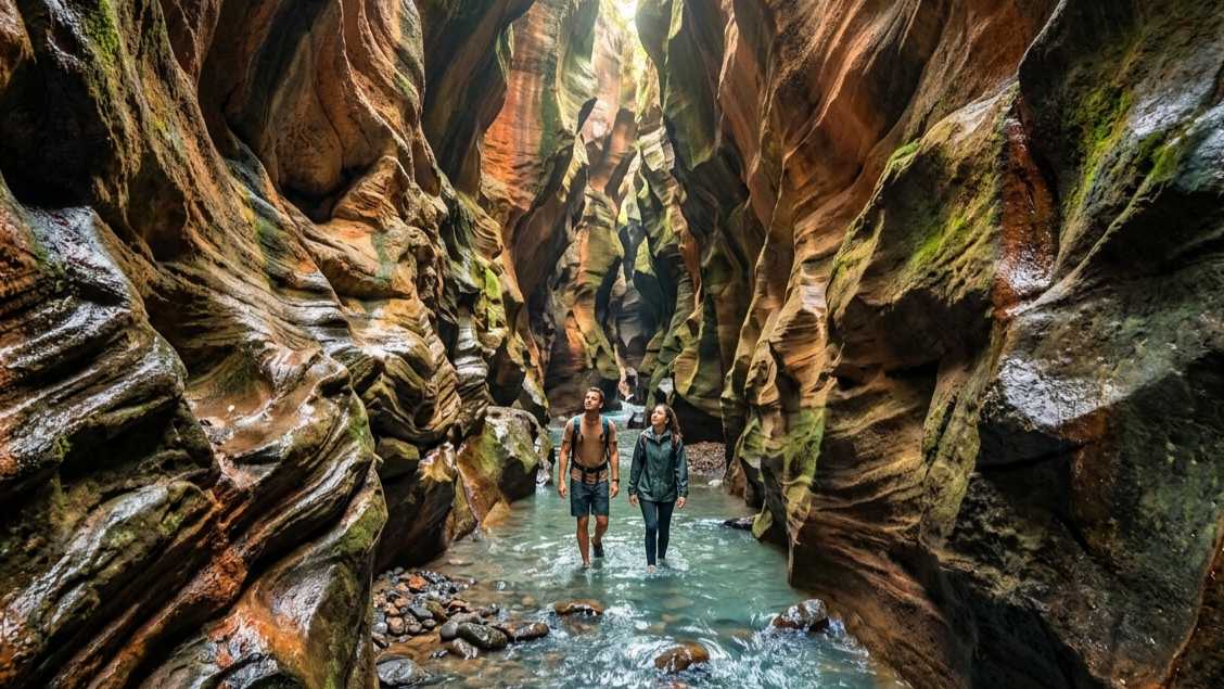 Hidden Canyon Beji Guwang Bali with towering rock formations and crystal-clear river