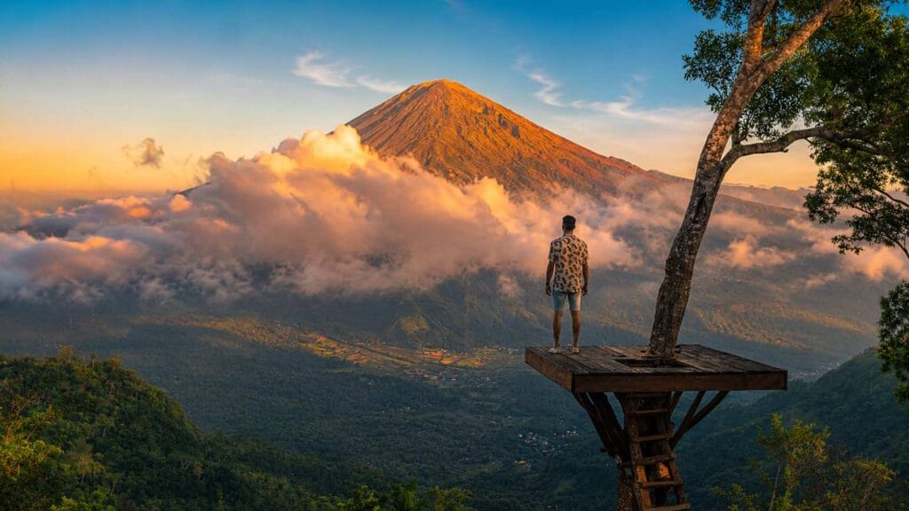 Best time to visit Lahangan Sweet Bali viewpoint with clear Mount Agung volcano view in East Bali