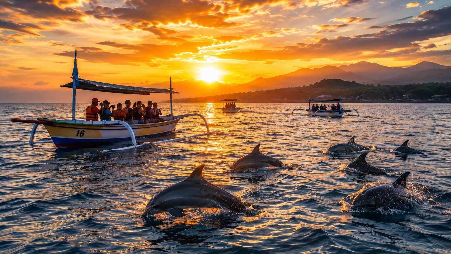 Tourists enjoying a Bali Lovina Dolphin Tour at sunrise in North Bali