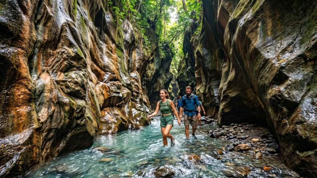 Tourists exploring Hidden Canyon Beji Guwang Bali during a river trekking adventure