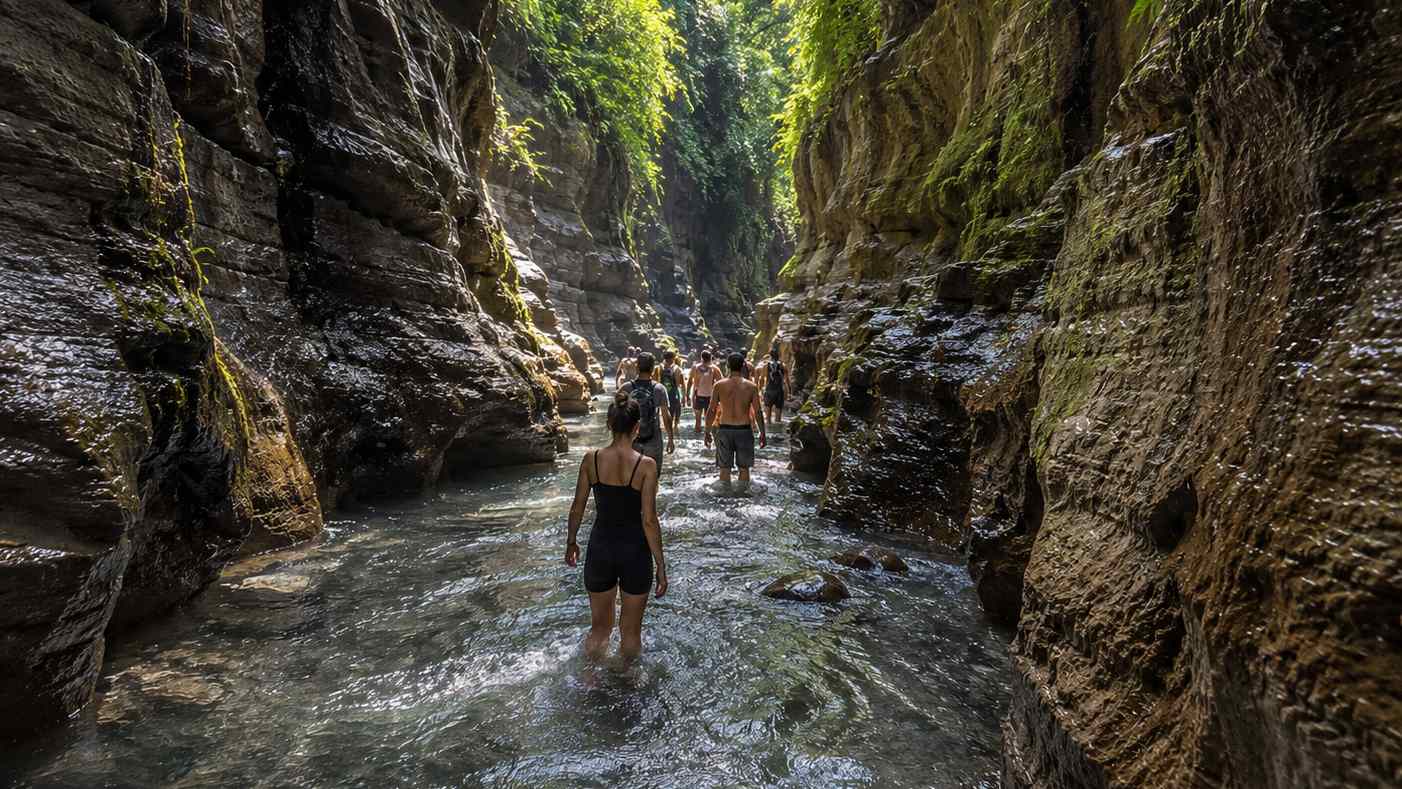 Visitors trekking through Hidden Canyon Beji Guwang Bali in Gianyar