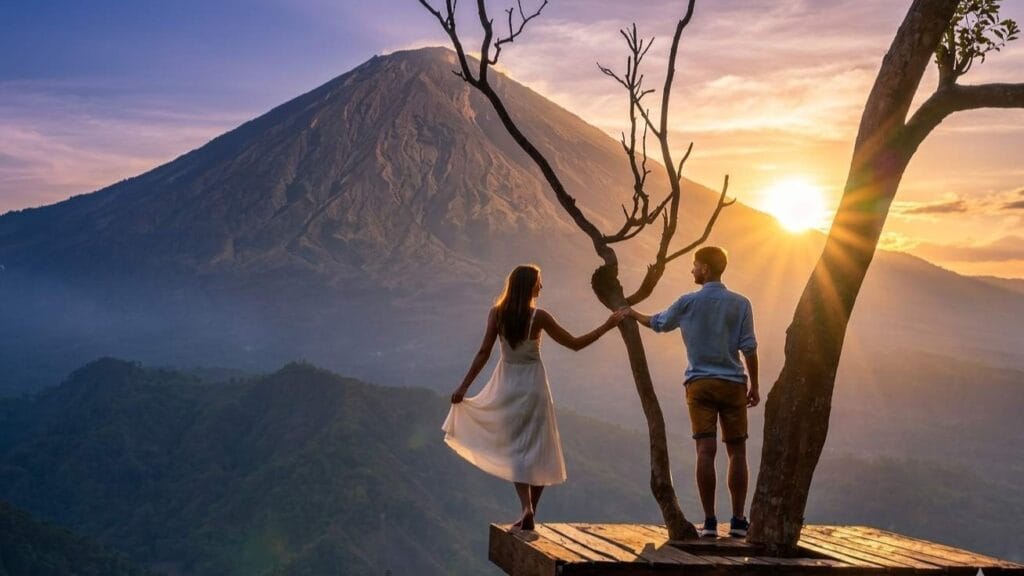 Lahangan Sweet Bali scenic viewpoint with Mount Agung volcano, ideal weather for sunrise and photography