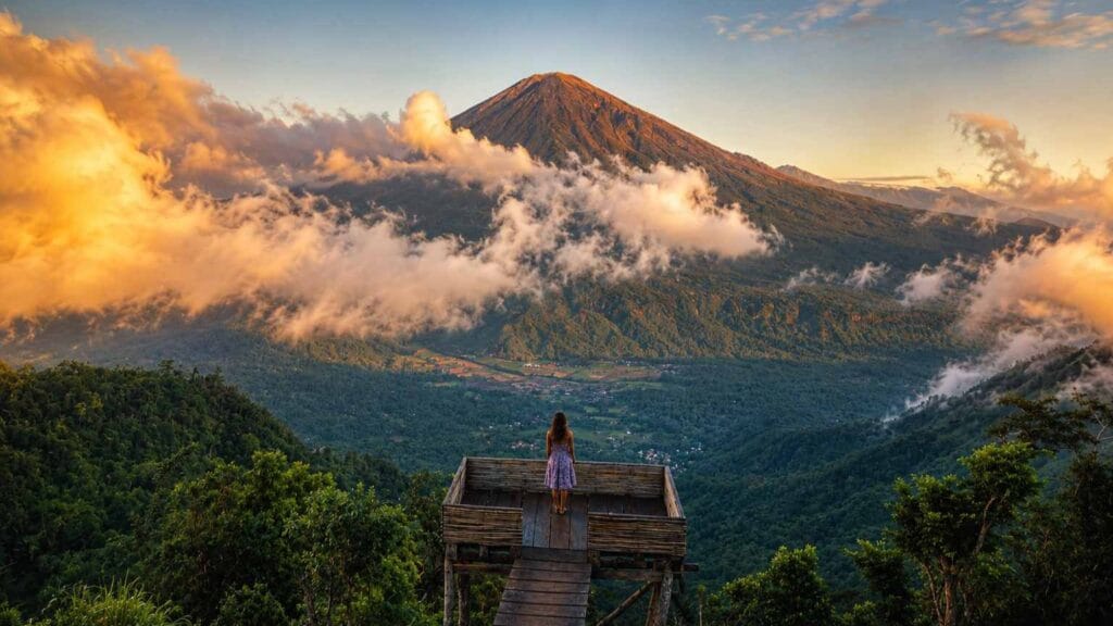 Sunrise at Lahangan Sweet Bali viewpoint showing Mount Agung volcano in clear morning sky, East Bali travel destination
