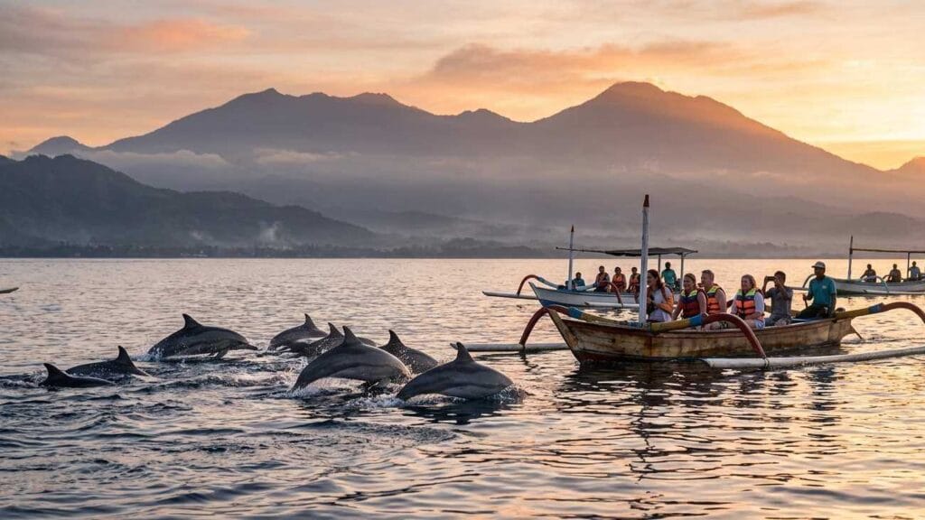Bali Lovina Dolphin Tour with wild dolphins swimming near traditional jukung boats at sunrise