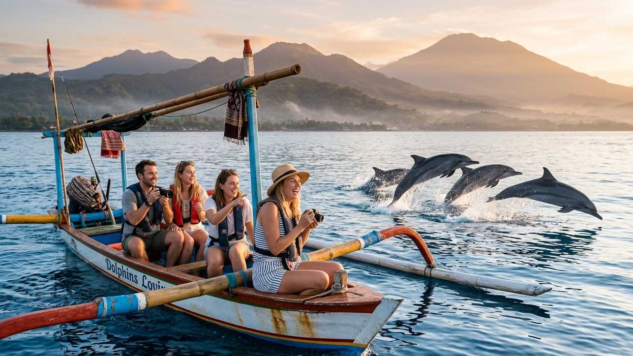 Wild dolphins swimming beside traditional fishing boats in Lovina Beach Bali