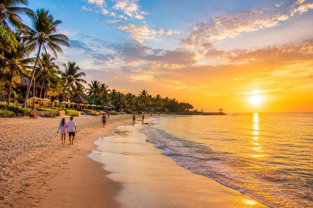 Beautiful sunrise view at Nusa Dua Beach Bali with golden sky and crystal-clear ocean