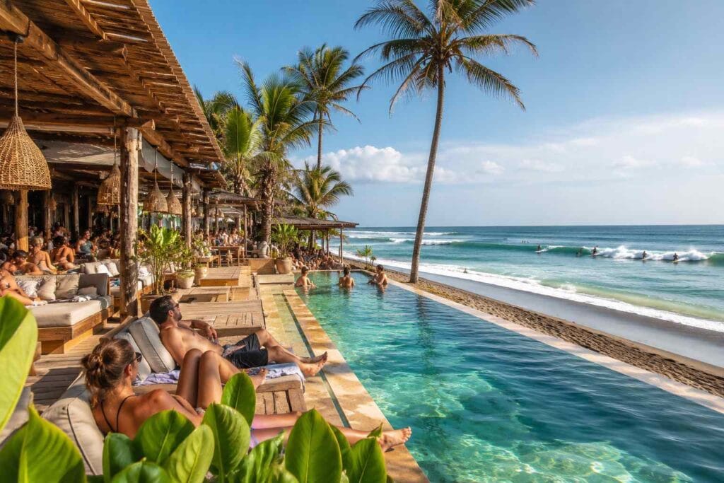 Beachfront sunset lounge at the Best Beach Clubs in Canggu overlooking the Indian Ocean