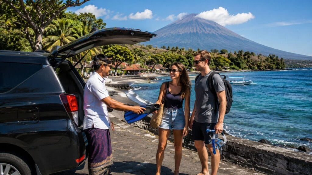 Private driver providing an Amed snorkeling tour guide experience as tourists arrive at Amed Beach with Mount Agung in the background.