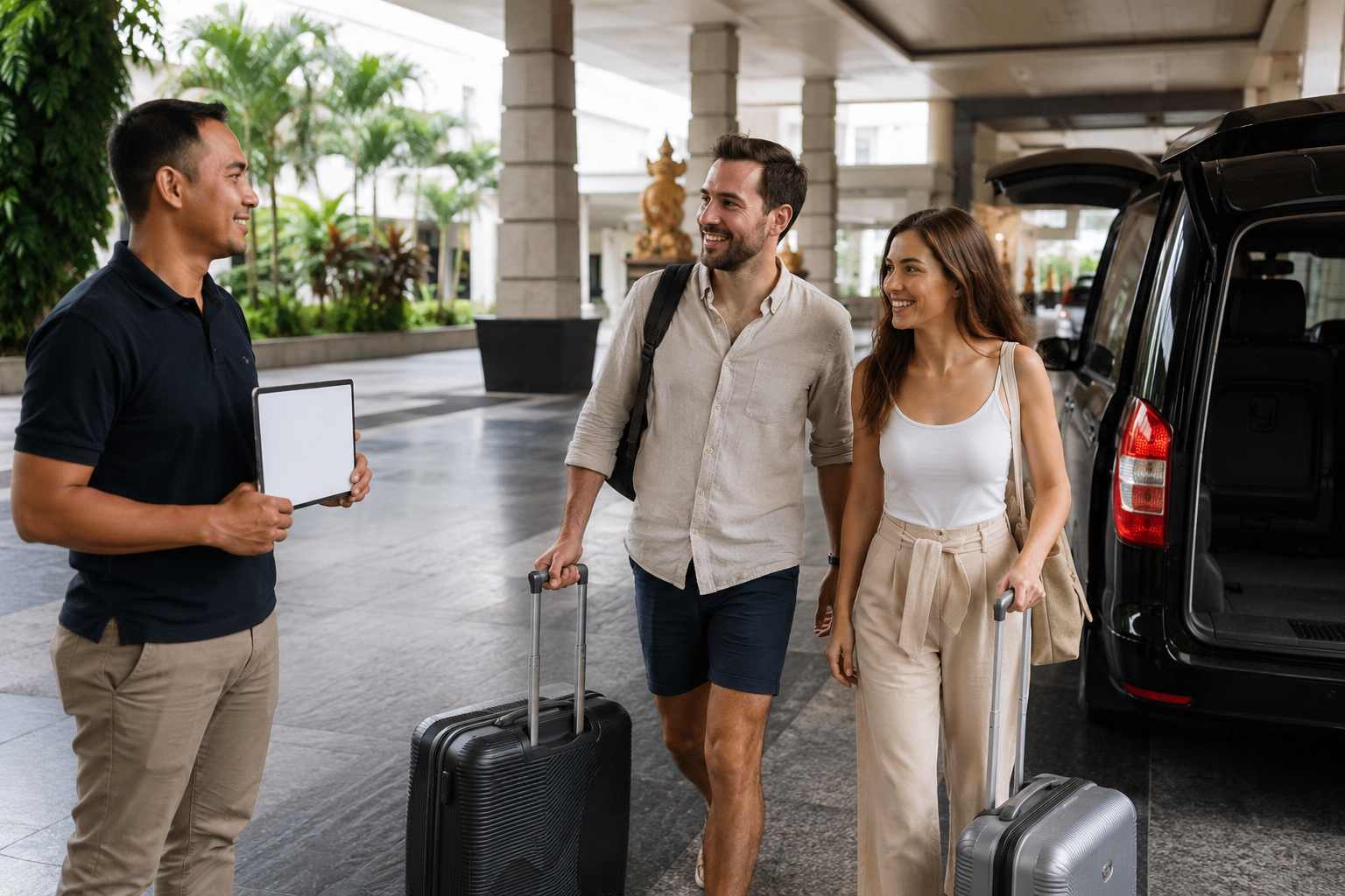Driver from Bali Airport to Canggu welcoming international travelers at Ngurah Rai International Airport