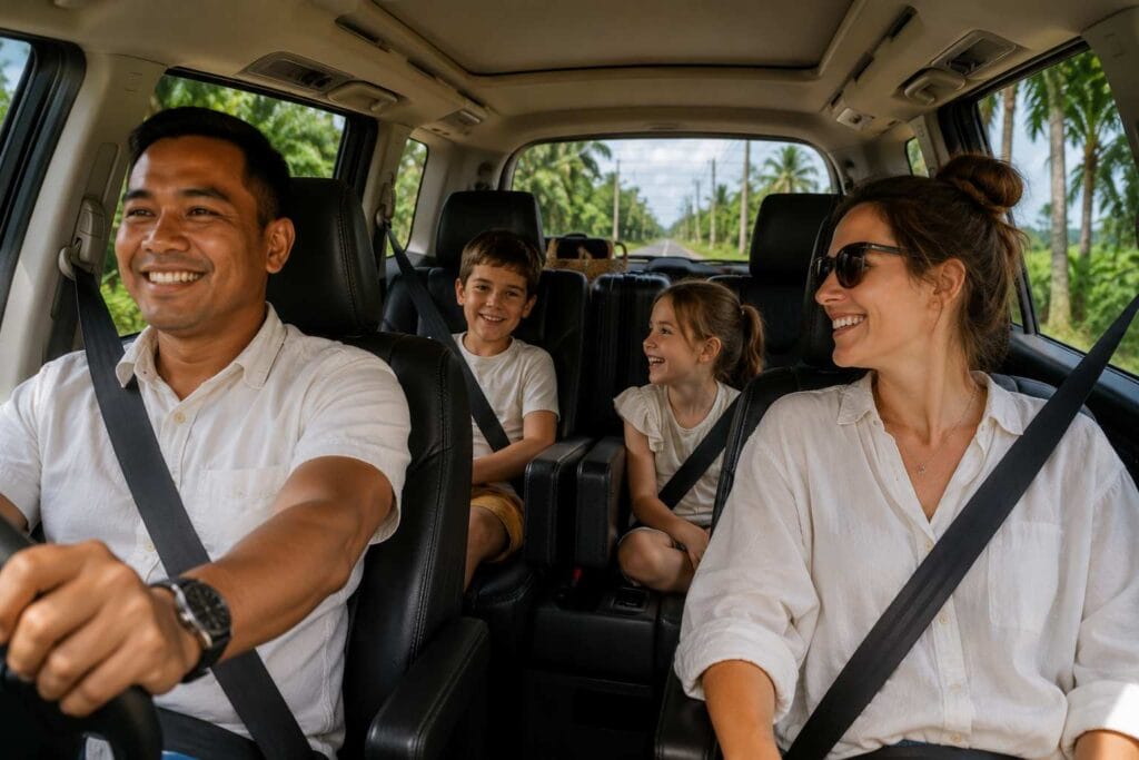Driver from Bali Airport to Canggu transporting a happy family in a comfortable private vehicle