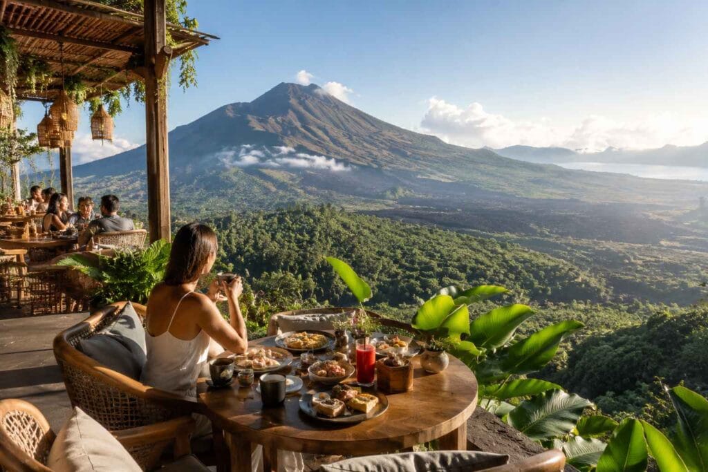 Jungle View Cafe Bali with panoramic mountain and lush green valley views in Kintamani