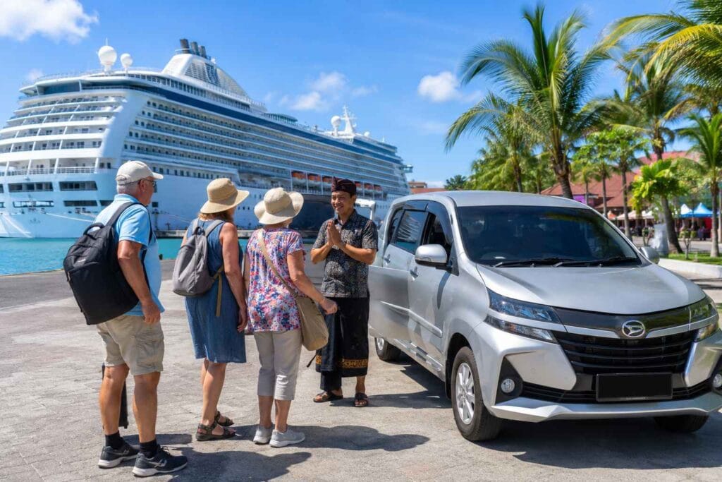 Bali Driver for Cruise Passengers welcoming international cruise travelers at Benoa Port beside a private vehicle before a shore excursion.