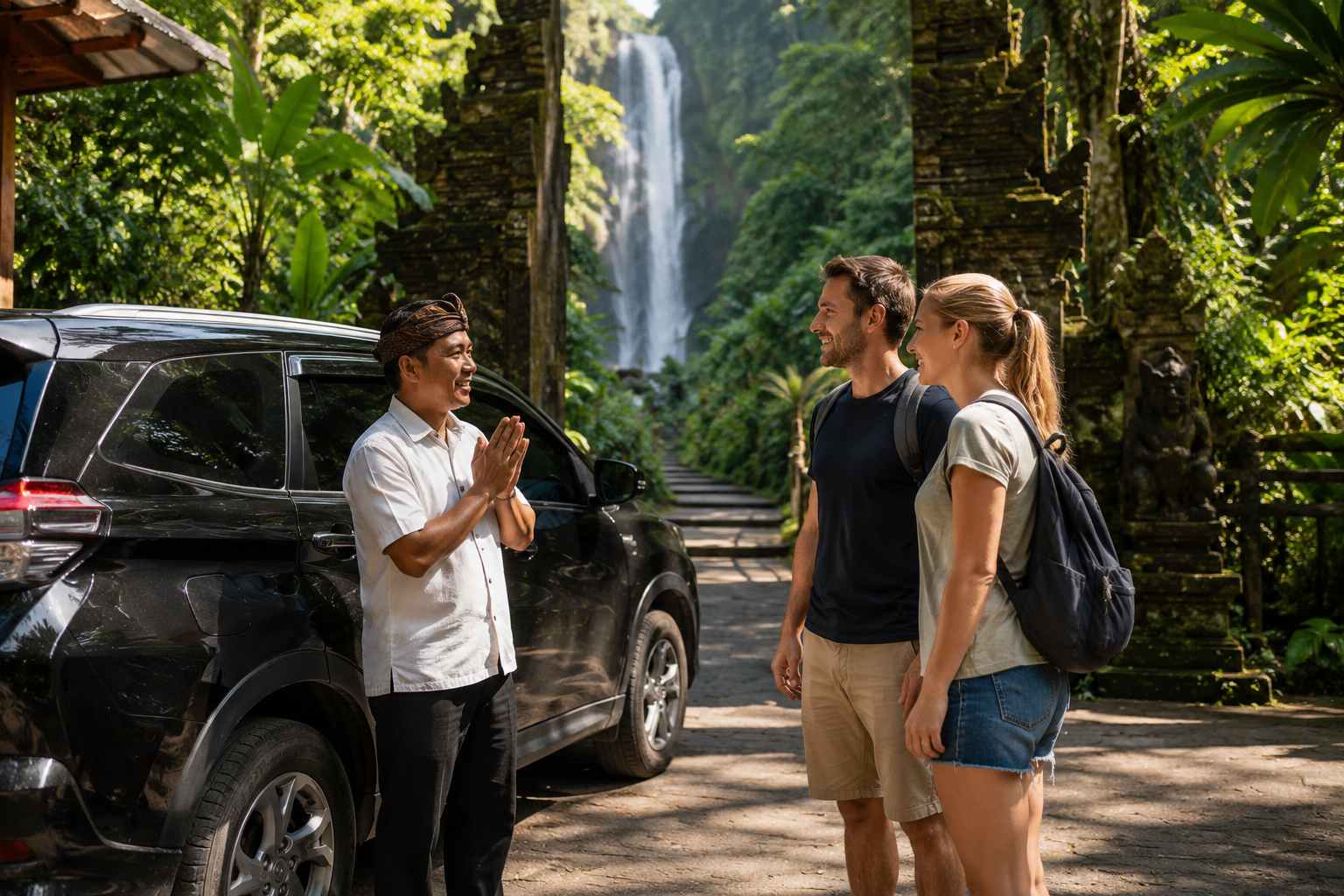 Gitgit Waterfall Private Driver guiding visitors through the tropical forest trail