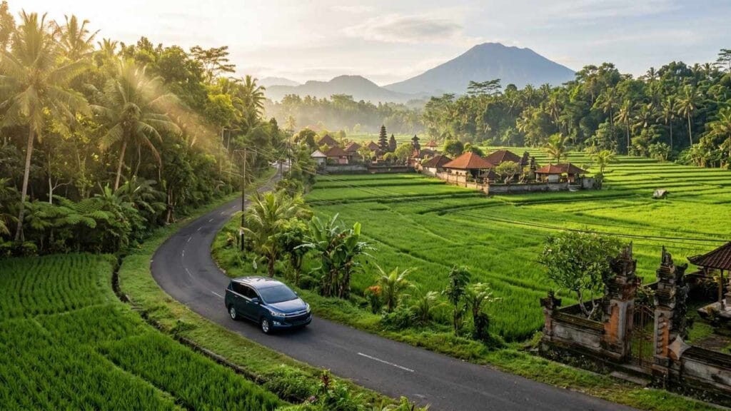 Bali Airport Transfer to Ubud scenic road with private driver and tropical countryside view