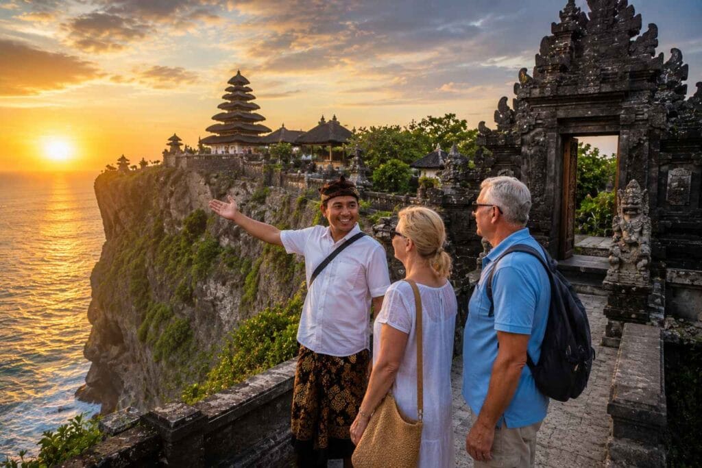 Bali Driver for Cruise Passengers assisting international visitors at Uluwatu Temple with breathtaking ocean cliffs and sunset views during a shore excursion.