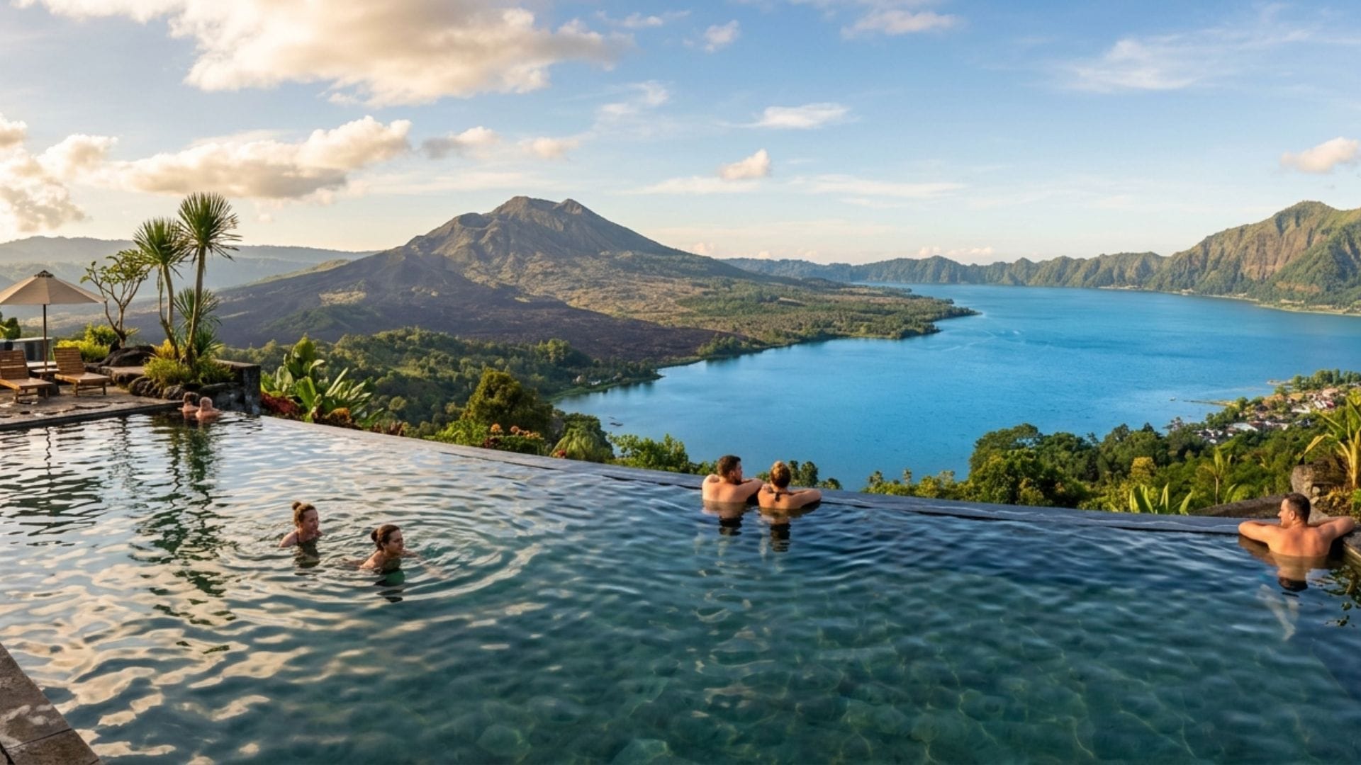 Batur Natural Hot Spring infinity pool with Mount Batur view