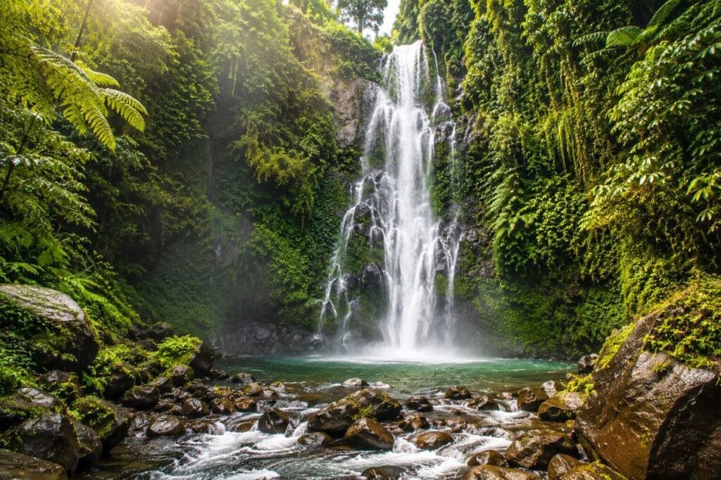 Munduk Waterfall Bali surrounded by lush tropical jungle
