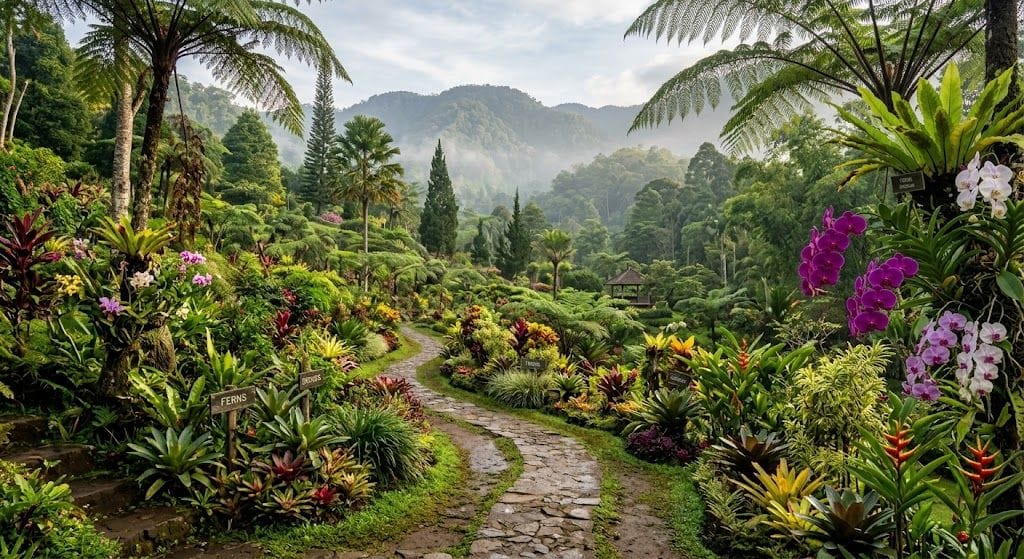 Visitors exploring Bali Botanic Garden in Bedugul during a peaceful morning