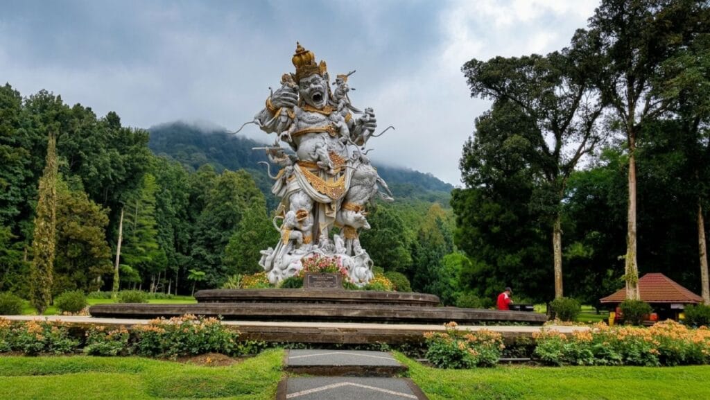 Bali Botanic Garden in Bedugul surrounded by lush tropical plants and mountain scenery