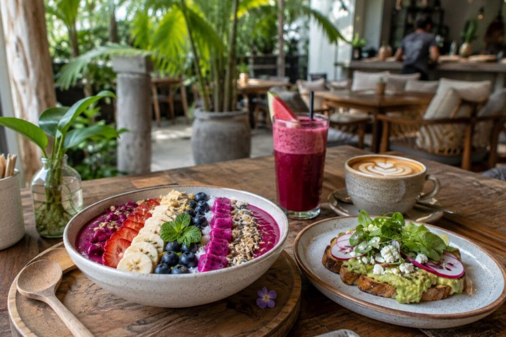 Healthy brunch in Seminyak Bali with smoothie bowl and coffee