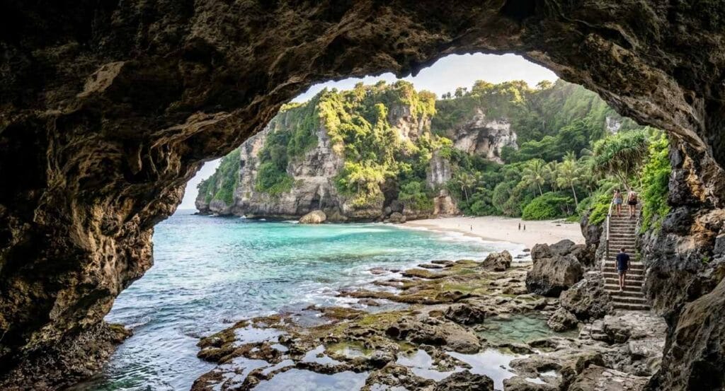 Green Bowl Beach Bali stairs leading to a peaceful tropical beach