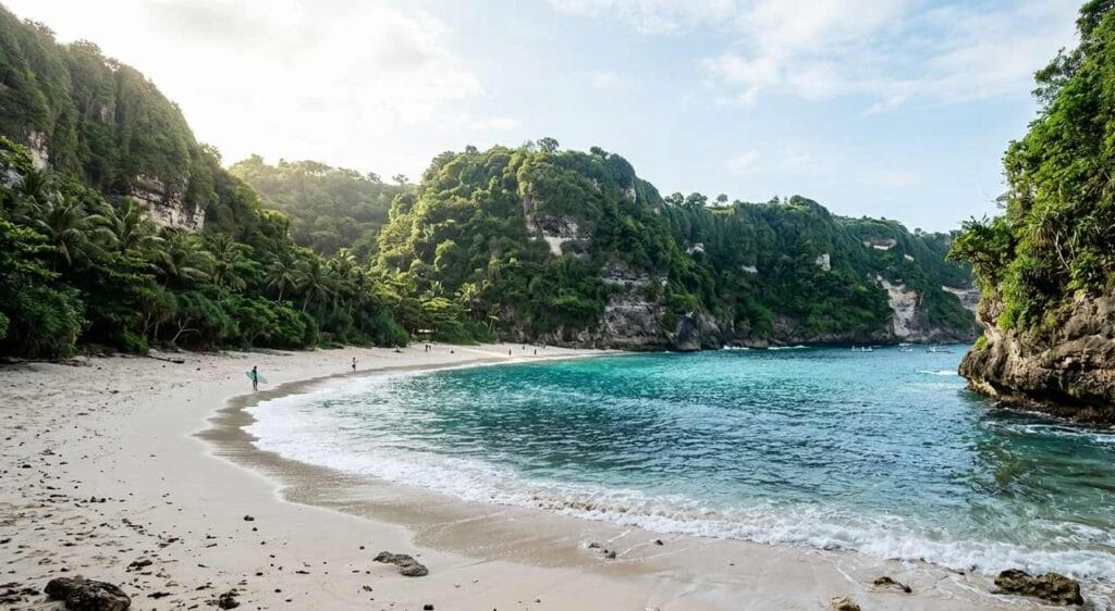 Green Bowl Beach Bali secluded white sand beach surrounded by limestone cliffs